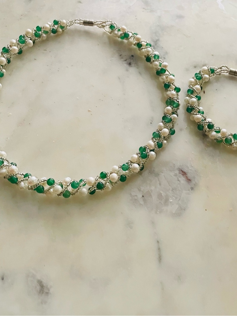 Handcrafted Green and White Beaded Necklace and Bracelet Set
